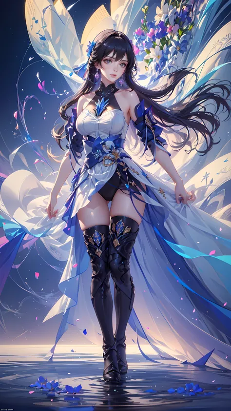 (((FULL BODY POSE))) (((SHOW PANTIES))) (((BIG GIANT BOOBS))) (((WHITE LONG HAIR))) ((GOOD FINGER, ANATOMY CORRECTED)) (((WHITE BLUE LUXURY ARISTOCRATIC NOBLE COSTUME WITH FLOWER BROCHS))) | A WOMEN WEAR ((SEXY OUTFIT)) FLOATING IN THE WATER ((BLUE SKY BAC...