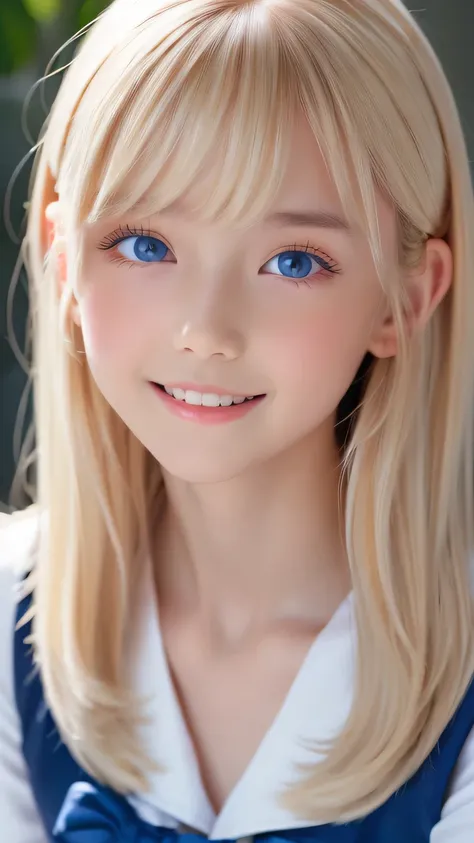 Portrait、、Sailor suit、Young shiny glossy bright white skin、Blonde reflection、Super long, natural platinum blonde hair with dazzling highlights、Bangs between the eyes、bangs that fall on the face、、Shiny bright hair,、Super long, silky straight hair、Shiny beau...