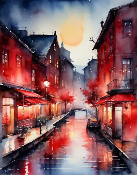 best quality, super fine, 16k, delicate and dynamic, superb watercolor landscape painting, A gorgeous red-light district at night, modern and retro, pop and classic, new and old, learning from the past, (magnificent view:1.7) , (watercolor techniques, blee...