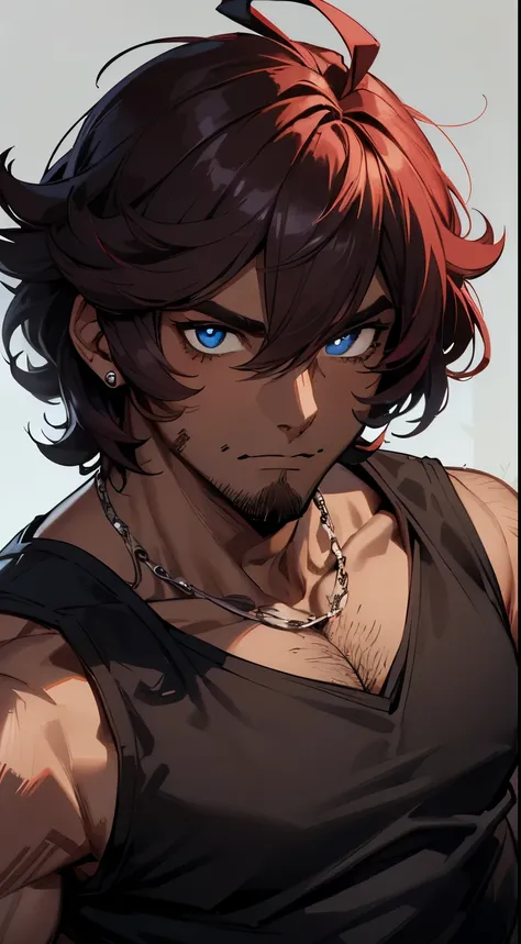 1 man, handsome, masculine, adult man, broad shoulders, close-up of face, portrait, confident expression, looking at viewer, necklace, ((dark skin:2.0)), gray skin, ((lazy eyes, between eyelids, bags under eyes, blue eyes with white pupils)),((purplish red...