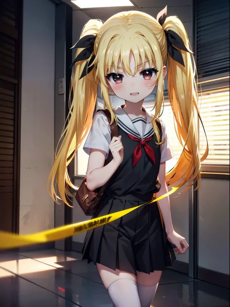 Face Testarossa, Build a Testarossa, Long Hair, Blonde Hair, (Red eyes:1.3),  Hair Ribbon,Twin tails,blush,happy smile, smile, Open your mouth,Japan High School Girl(Black sailor suit),Short sleeve,Black pleated skirt,White pantyhose,Brown loafers,Walking,...