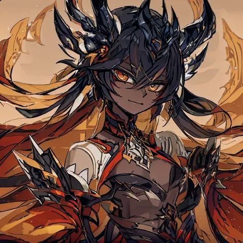 Xinyan with hell armor, Demon Queen, dark skin, yellow eyes 