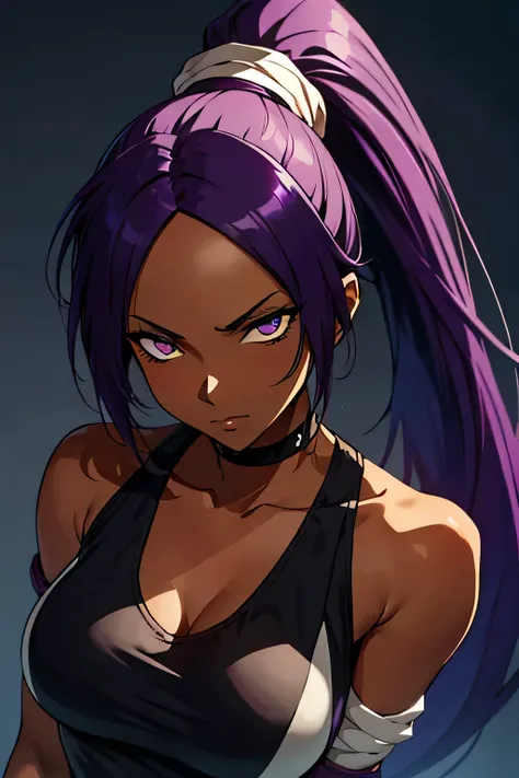 1 woman, yoruichi shihouin, dark skinned, long dark purple hair, ponytail, ((detailed eyes:1.2)), wearing tanktop, sexy, sensual...