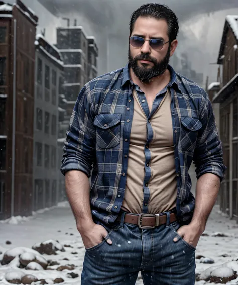 Obra maestra, desenfoque de campo, Parte superior del cuerpo, Hands in pants pockets, 38 year old man with beard and square sunglasses.. Man wearing a plaid shirt in an action movie with a snow storm in the background.