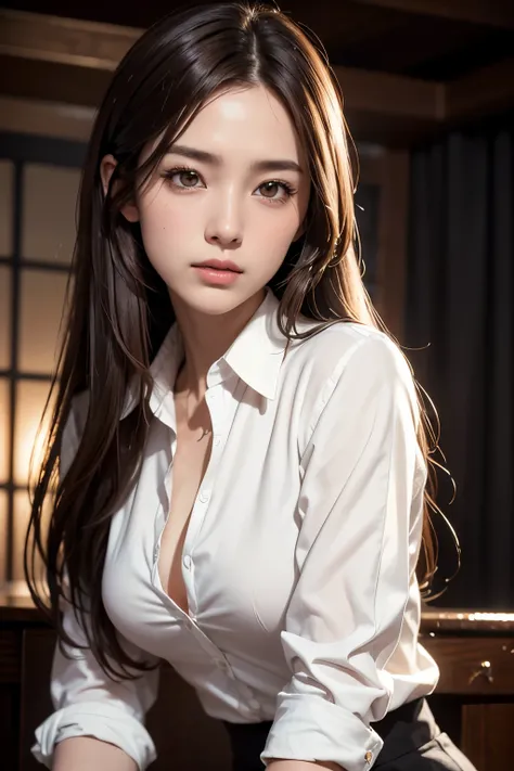 Realistic, Like the picture, Tabletop, highest quality, RAW Photos, One Girl, alone, Long Hair, Brown Hair, Detailed face, Attractive face, Collared shirt, Medium chest, Dynamic pose, View your viewers, From below, Detailed Background, Fine details, Intric...