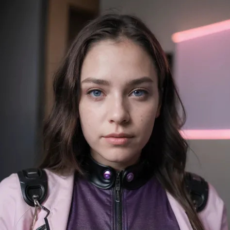 photo of a college student, in Purple Pink, futuristic space suit, (freckles:0.8) cute face, sci-fi, dystopian, detailed eyes, Heterochromia eyes((Side view))