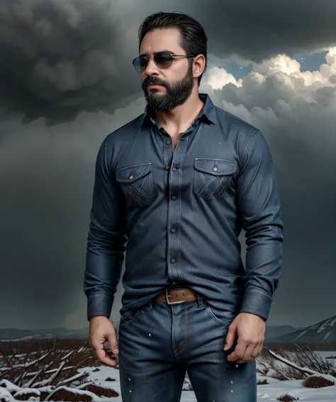 Obra maestra, desenfoque de campo, Parte superior del cuerpo, Hands in pants pockets, 38 year old man with beard and square sunglasses.. Man wearing a plaid shirt in an action movie with a snow storm in the background.