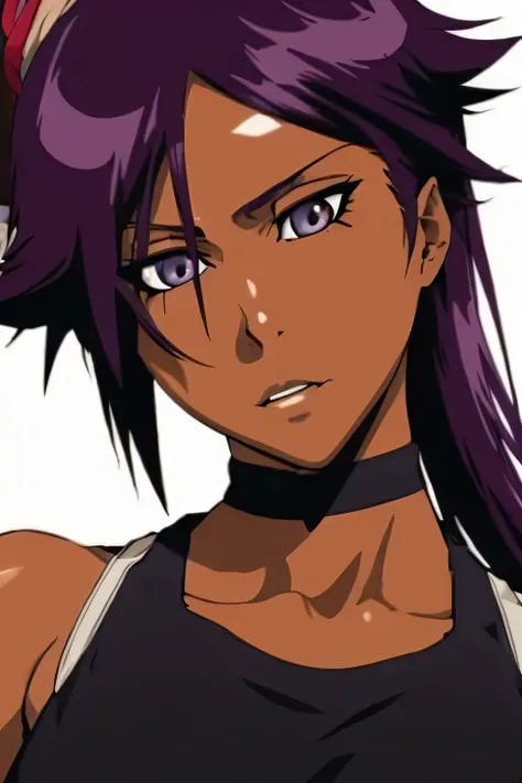 1 woman, yoruichi shihouin, dark skinned, long dark purple hair, ponytail, ((detailed eyes:1.2)), wearing tanktop, sexy, sensual, sleeveless, underboob, masterpiece, top quality, best quality, official art, beautiful and aesthetic:1.2), extreme detailed, c...