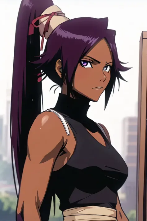 1 woman, yoruichi shihouin, dark skinned, long dark purple hair, ponytail, ((detailed eyes:1.2)), wearing tanktop, sexy, sensual, sleeveless, underboob, masterpiece, top quality, best quality, official art, beautiful and aesthetic:1.2), extreme detailed, c...