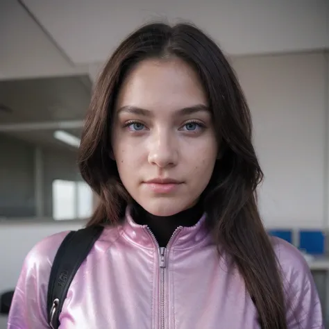 photo of a college student, in purple pink, futuristic space suit, (freckles:0.8) cute face, sci-fi, dystopian, detailed eyes, h...