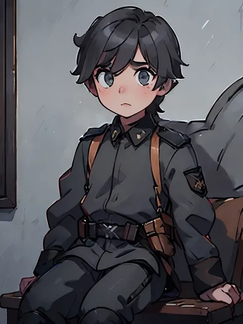 (masterpiece:1.2)SFW, shotacon art, anime art, 1boy, adorable, cute, shy expression, short messy hair, sparkling amber eyes, ((wearing gray SS military uniform)), ((black patches on uniform)), ((gray SS military pants)), ((wearing long leather boots)), win...