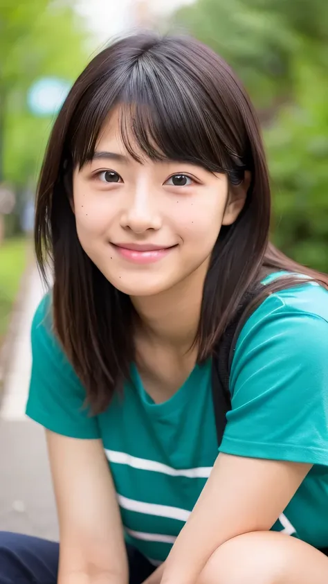 Female student　very cute　Natural atmosphere　boyish　18-year-old　Shortcuts　Dimples　mole　Tanuki face　