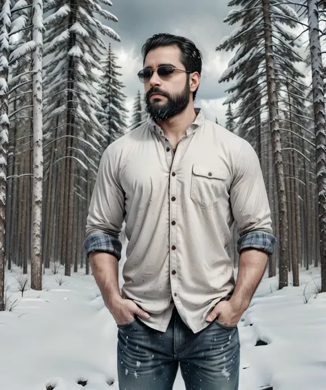 a confident man with a thick beard and aviator sunglasses stands in a snowy forest. he is wearing a stylish plaid flannel shirt ...