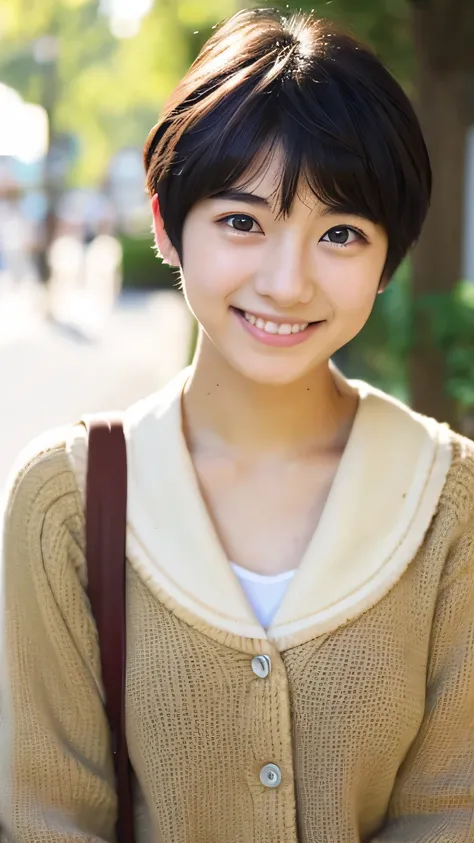 Female student　very cute　Natural atmosphere　boyish　18-year-old　Pixie Cut　Dimples　mole　Tanuki face　