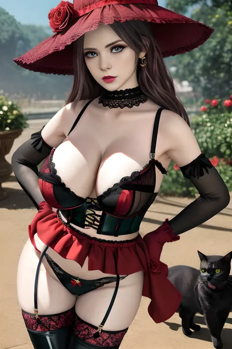 1 girl,BREAK (Royal:1.4), (red and black theme:1.5), ((red) bucket hat with rose corsage:1.4), (fusion of black high neck crop top and latex (red bustier):1.4), ((floral lace, see-through):1.3), ((sleeveless, bare shoulders):1.3), (red tiered skirt with bl...