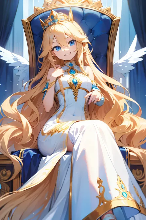 very long curly fluffy blonde hair, grin, blue eyes, crown, sitting on a throne, white and blue dress with jewelry, goddess, long dress