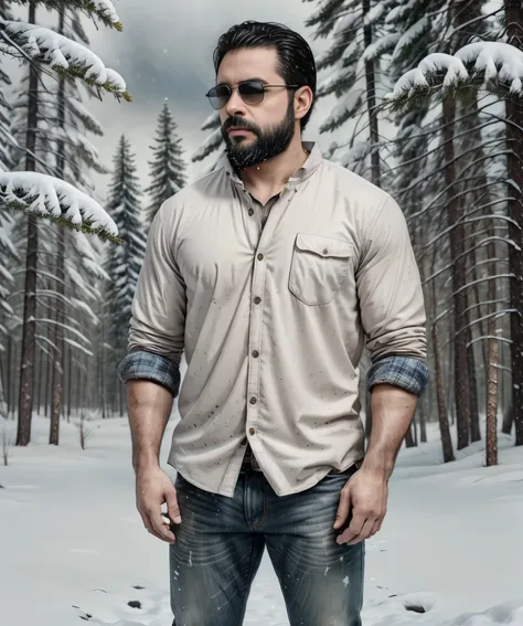 a confident man with a thick beard and aviator sunglasses stands in a snowy forest. he is wearing a stylish plaid flannel shirt ...