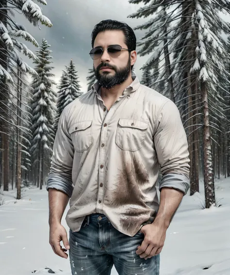 a confident man with a thick beard and aviator sunglasses stands in a snowy forest. he is wearing a stylish plaid flannel shirt ...