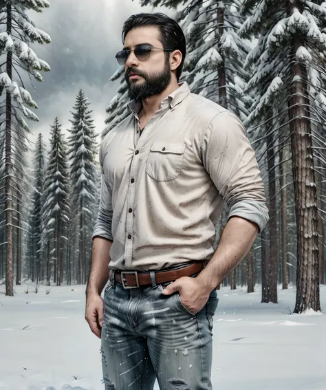 a confident man with a thick beard and aviator sunglasses stands in a snowy forest. he is wearing a stylish plaid flannel shirt ...