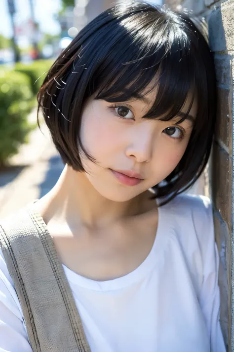 a close up of a woman leaning against a wall with a white shirt, white hime cut hairstyle, chiho, of a youthful japanese girl, sui ishida with black hair, young pretty gravure idol, young gravure idol, with short hair, shikamimi, kimi takemura, anime girl ...