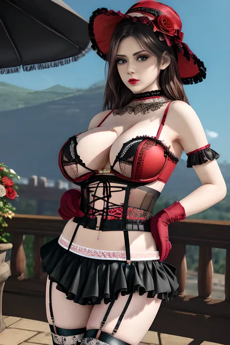 1 girl,BREAK (Royal:1.4), (red and black theme:1.5), ((red) bucket hat with rose corsage:1.4), (fusion of black high neck crop top and latex (red bustier):1.4), ((floral lace, see-through):1.3), ((sleeveless, bare shoulders):1.3), (red tiered skirt with bl...