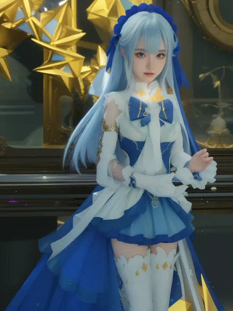 um close de uma pessoa com um vestido e uma estrela, aurora de engrenagem, impacto de ayaka genshin, traje com detalhes em azul, armadura de cor prata azul e gelo, armadura refletida cor de gelo lascada, armadura azul clara, roupa de fantasia, Lindo mago c...