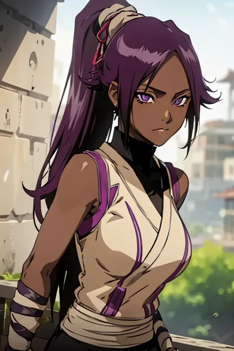 1 woman, yoruichi shihouin, dark skinned, long dark purple hair, ponytail, ((detailed eyes:1.2)), wearing tanktop, sexy, sensual, sleeveless, underboob, masterpiece, top quality, best quality, official art, beautiful and aesthetic:1.2), extreme detailed, c...