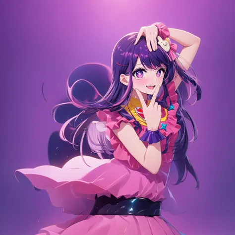 One girl,キャラ全体像whole body、whole body、Waist-high cowboy shot、Double peace sign above and below the face、Pink clothes Purple hair、Ai Hoshino、My Favorite ,Pink costume i go, Double peace sign above and below the face、Costumes, alone,smile,Pink atmosphere oshi...