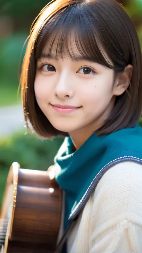 masterpiece　high resolution　Female student　very cute　Natural atmosphere　boyish　16 years old　Bobcut　Dimples　mole　Tanuki face　Vertical navel　Playing acoustic guitar　