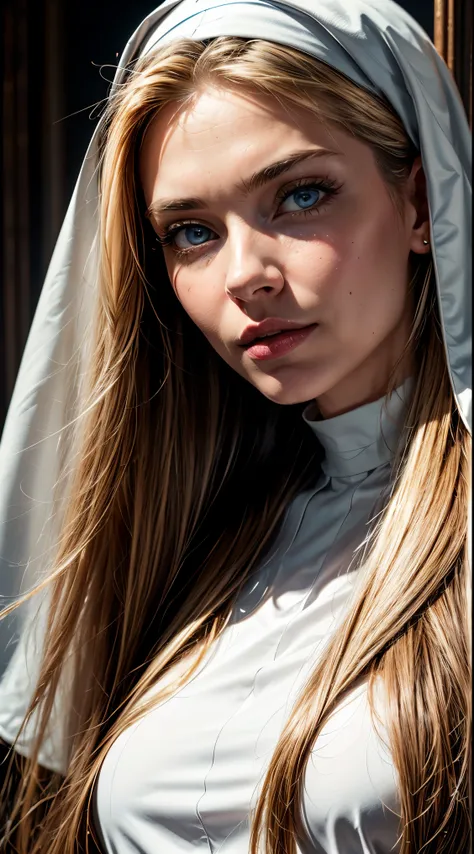 Pure blond straight hair, (long hair) (((straight hair))), Detailed hair, Blue Eyes, beautiful eyes, light on the face, pale skin, a 50 year old woman, nun, 