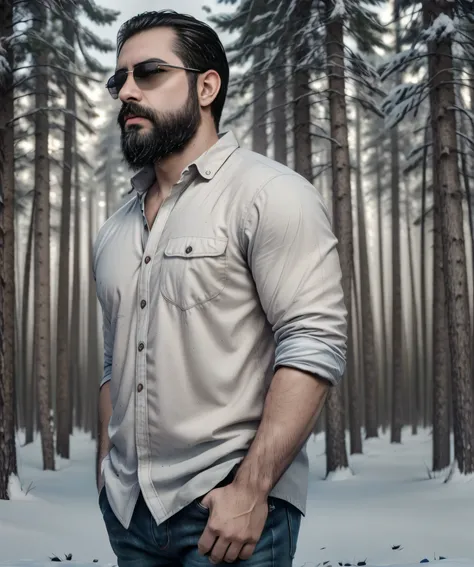 a confident man with a thick beard and aviator sunglasses, standing in a snowy forest, wearing a stylish plaid flannel shirt ove...