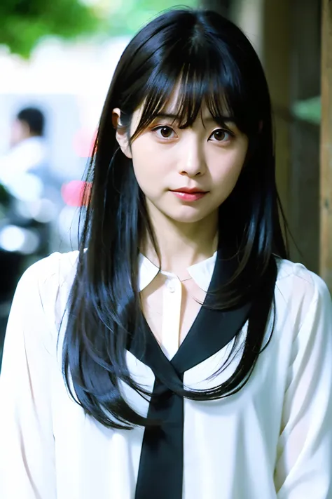 arafed asian woman with long black hair wearing a white blouse, sui ishida with black hair, she has black hair with bangs, shikamimi, black hime cut hair, jaeyeon nam, white hime cut hairstyle, shiori teshirogi, Yoshitomo Nara, kimi takemura, kotegawa yui