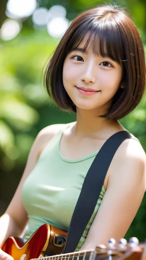 masterpiece　high resolution　Female student　very cute　Natural atmosphere　boyish　16 years old　Bobcut　Dimples　mole　Tanuki face　Tank top　Playing electric guitar　Are standing　