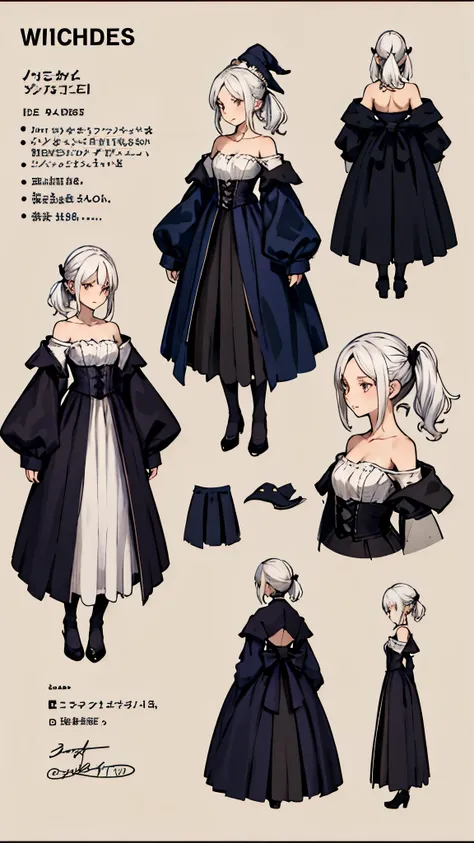  a witchs outfit with a long skirt, white hair in a side ponytail that falls on the shoulder. ((Full body)), model sheet 