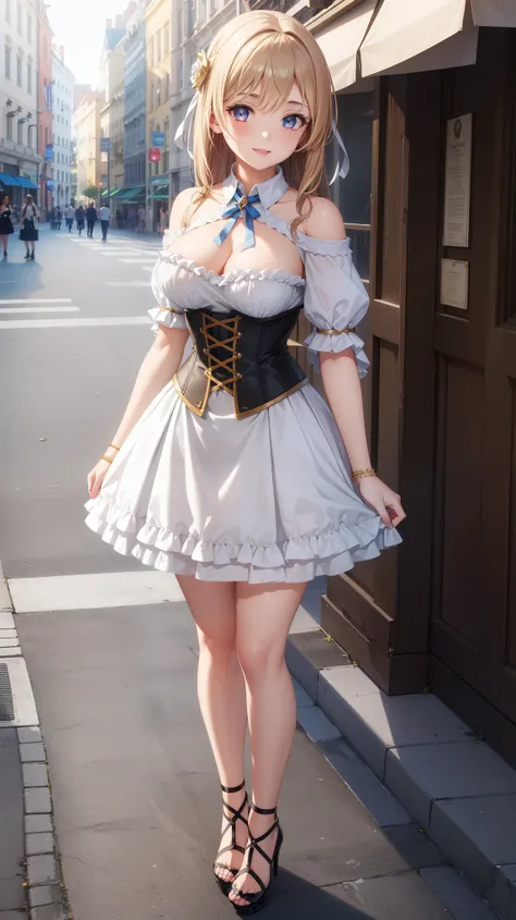 1girl, natural lighting, masterpiece, highly detailed, illustration, game CG, absurdres, high quality, beautiful detailed eyes, glossy lips, natural lighting, medium breasts, klaudia valentz, city street, smile, corset minidress, high heels, standing
