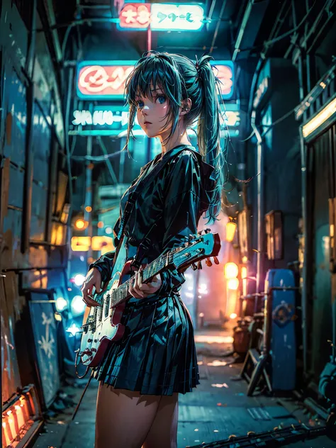 ((masterpiece, highest quality))one girl, alone, black dress, blue eyes, electric guitar, guitar, headphones, ponytail, holding,...