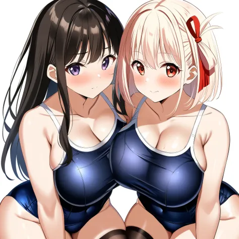 2girls, nishikigi chisato, inoue takina, lycoris recoil, couple, perfect anatomy, symmetry, sukumizu, school swimsuit, thighhighs, huge breasts, big ass, looking at viewer, shy, blush, masterpiece, best quality, very aesthetic, absurdres, anime,