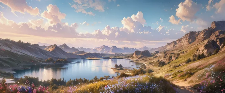 A peaceful (watercolor landscape:1.1), beautiful detailed clouds, rolling hills, lush greenery, vibrant colors, natural lighting, serene lake reflecting the sky, mountains in the distance, wildflowers blooming, soft brushstrokes, atmospheric perspective, c...