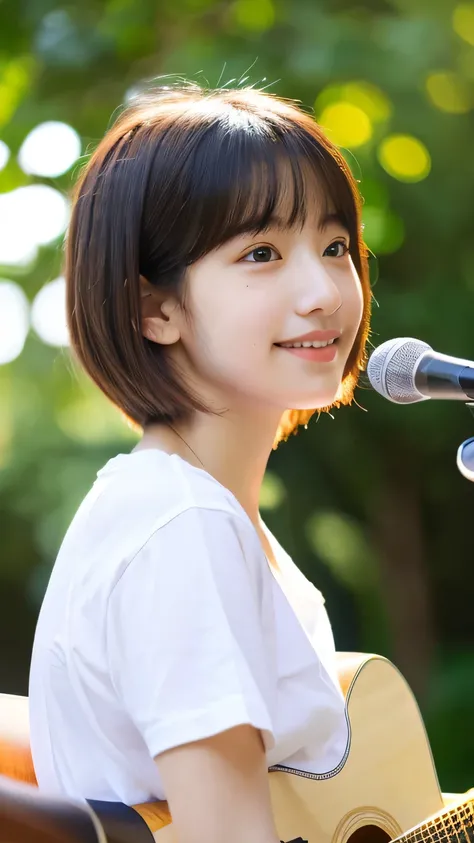 masterpiece　high resolution　Female student　very cute　Natural atmosphere　boyish　16 years old　Bobcut　Dimples　mole　Tanuki face　White T-shirt　Playing acoustic guitar　Are standing　