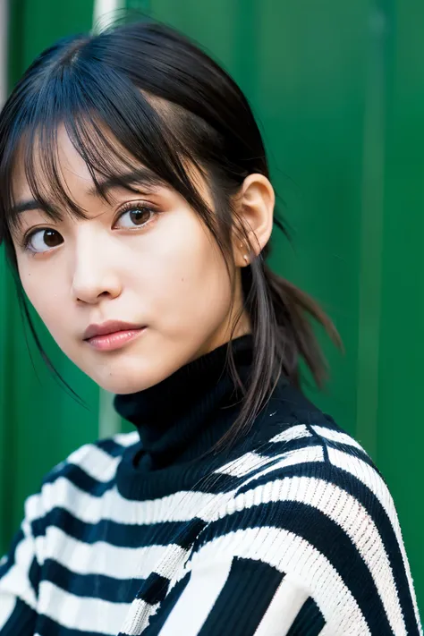 a close up of a woman with a ponytail in a striped sweater, kimi takemura, shiori teshirogi, yasumoto oka, chiho, narumi kakinouchi, harumi, kotegawa yui, sui ishida with black hair, yukii morita, ayaka, hana yata, sui ishida