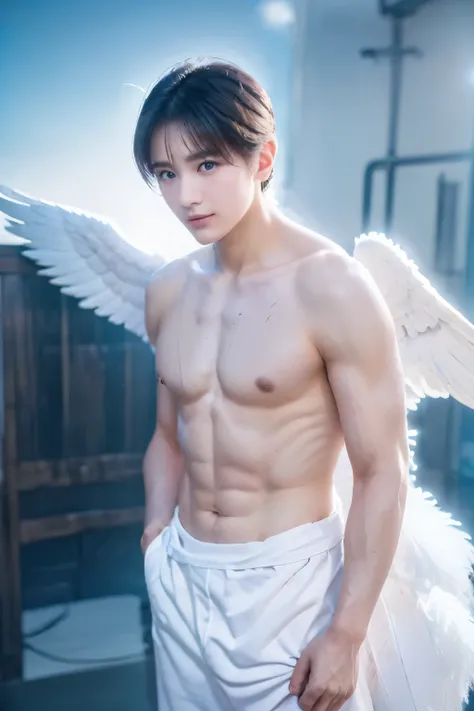 (((masterpiece、high resolution、high quality、Ultra-high resolution、Delicate、sunlight)))1 male、Full Body Shot、Black short hair、White ring on head、Dense lips、((Angel、White Wings、White Feather、Upper body naked))、Above the Clouds、blue sky、太陽のsunlight