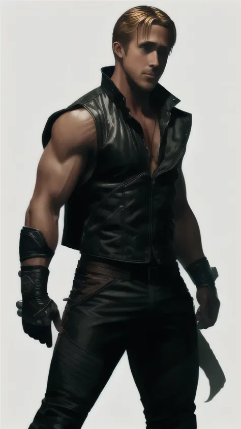 (Ryan Gosling) as Kobra from Mortal Kombat, long hair, white sleeveless vest, white fingerless gloves, black ninja pants, black ninja shoes, 1man, solo, full body view, front view, looking at viewer, intricate, high detail, sharp focus, dramatic, photoreal...