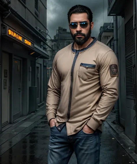 a well-built man with dark beard,sunglasses,beige long sleeve shirt,worn jeans,standing in dark rainy alley,tall buildings,neon ...