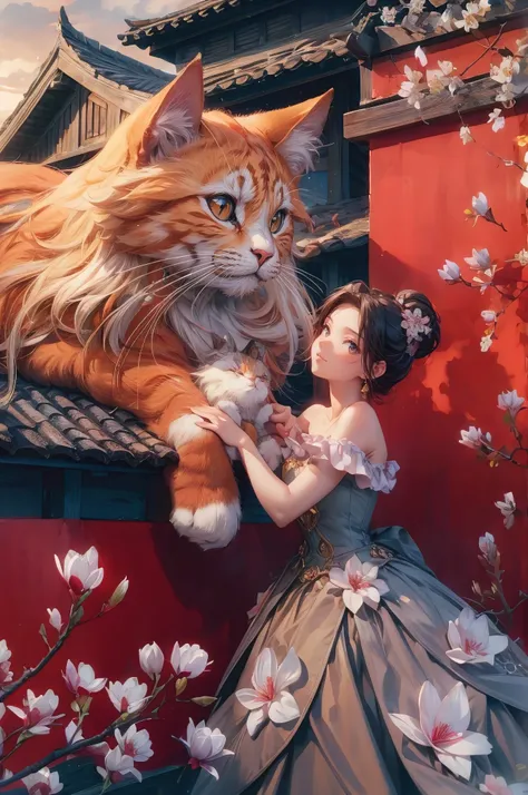 A whimsical surrealist 3D render of a massive orange cat with long, luscious hair, perched on the rooftop of an ancient, intricately designed building. The cat gazes lovingly at a stunning young woman dressed in an exquisite gown, adorned with magnolia flo...