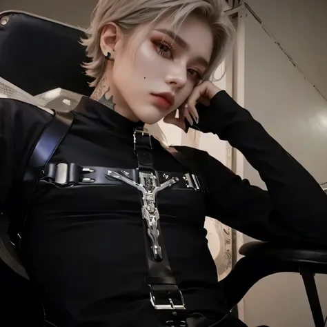 um close de uma pessoa sentada em uma cadeira com uma cruz, Cai Xukun, wearing moda urbana ciberpunk, moda urbana ciberpunk, todas as roupas cyberpunk pretas, androgynous, attractive androgynous humanoid, androgynous person, cruel korean goth girl, roupas ...