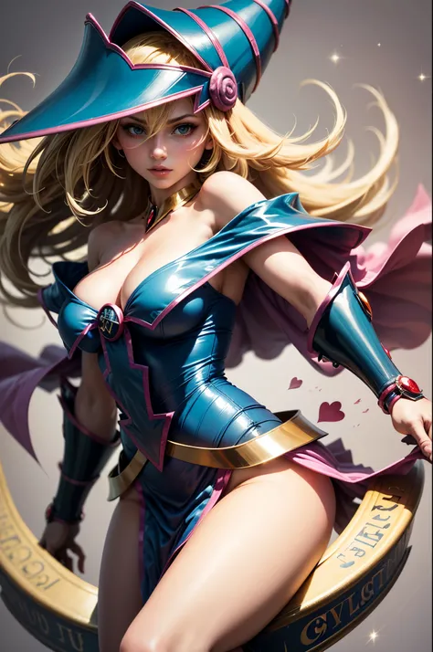 (Masterpiece:1.2), (Best quality:1.2), Perfect lighting, Dark witch girl casting a spell, In battle, Fighting the red-skinned dragon.In his twenties, Floating in the air, Medium visible breasts, Sheer neckline, Blue robe, Big hat, from above, Sparkle, Yugi...