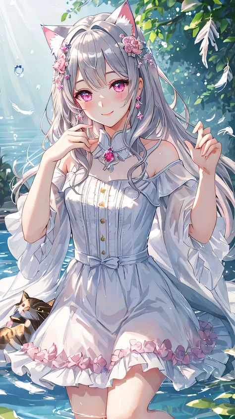 masterpiece,highest quality,Highly detailed face, water effects、Light effects、Feather Effect,Sparkling eyes,Highlighted eyes, Medium chest,pretty girl,smile,Embarrassed,Cat ear,Beautiful silver hair,Pink inside,Beautiful pink eyes,Cherries