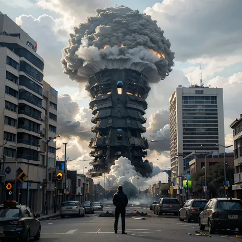 A future building was destroyed by alien plans, and it was cloudy day. Street was so destroyed it because aliens plan landing. The alien plans so big