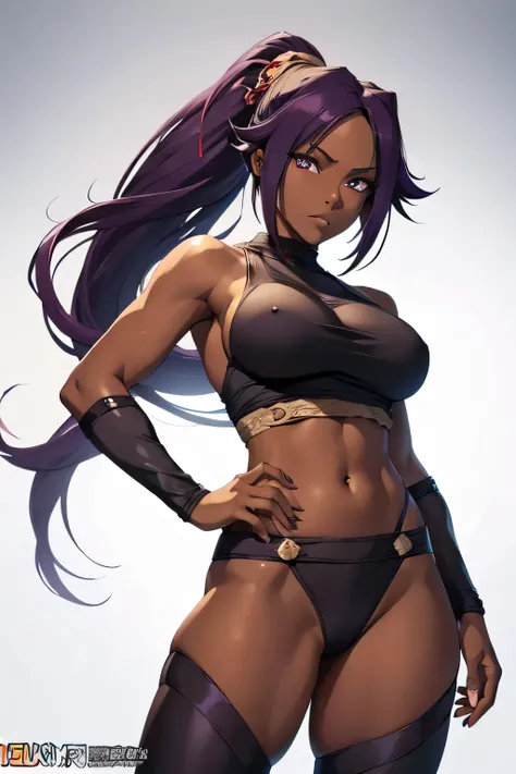 1 woman, yoruichi shihouin, dark skinned, long dark purple hair, ponytail, ((detailed eyes:1.2)), wearing tanktop, sexy, sensual, sleeveless, underboob, masterpiece, top quality, best quality, official art, beautiful and aesthetic:1.2), extreme detailed, c...