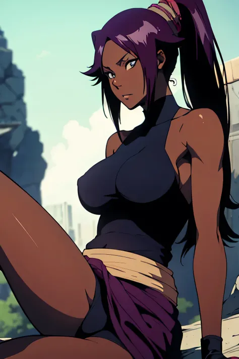 1 woman, yoruichi shihouin, dark skinned, long dark purple hair, ponytail, ((detailed eyes:1.2)), wearing tanktop, sexy, sensual, sleeveless, underboob, masterpiece, top quality, best quality, official art, beautiful and aesthetic:1.2), extreme detailed, c...